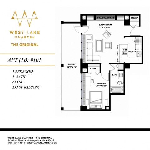 1B Floor Plan at The Original at West Lake Quarter, Minneapolis, MN